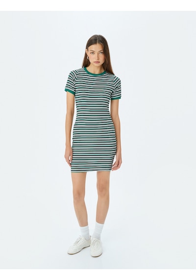 Koton Bisiklet Yaka Kısa Kollu Fitilli Mini Bodycon Elbise Yeşil Çizgili 5sal80042ık Yeşil Çizgili Yeşil