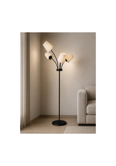 Florina Modern Siyah Metal 5 Krem Kumaş Başlıklı Asimetrik Metal Lambader Salon Yatak Odası