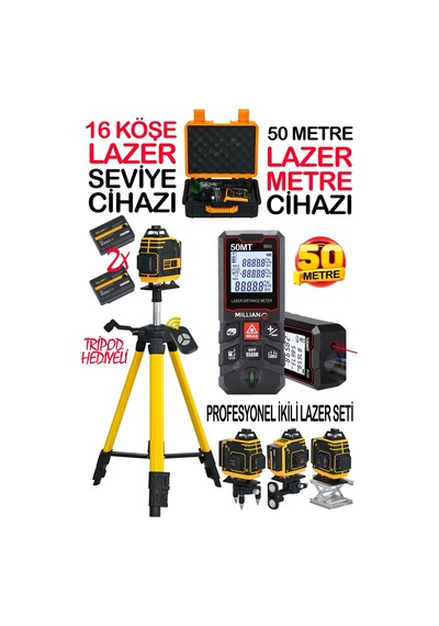 Tripodlu 16 Köşe Çizgi Hizalama Lazer Hizalama Cihazı + 50 Metre Yüksek Hassasiyet Lazer Metre Ölçer
