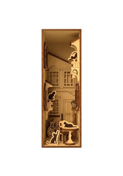 French Yard Diorama Book Nook Ahşap Maket Seti Dıy Miniatür Kedili Fransız Avlusu Peri Led'li Kitaplık Dekoru
