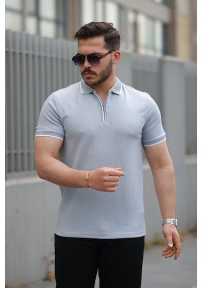 Veraura Lifestyle Erkek Fermuar Yakalı Çizgi Detaylı Kısa Kollu Tişört gri