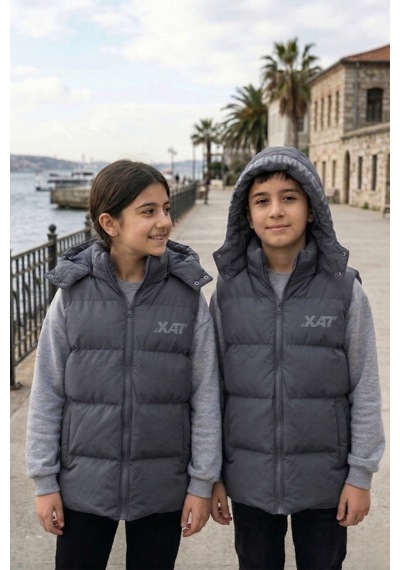 Pina Kids Unisex Çıtçıt Kapüşonlu Baskılı Şişme Yelek Füme
