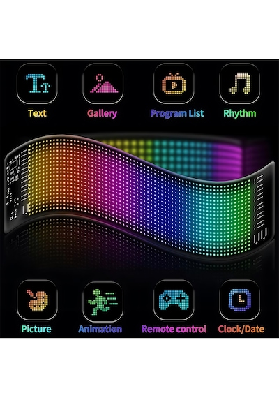 Rgb Led Matrix Panel 19x176cm Esnek Yapı Uygulama Kontrollü Kayan Yazı Ekranı Siyah