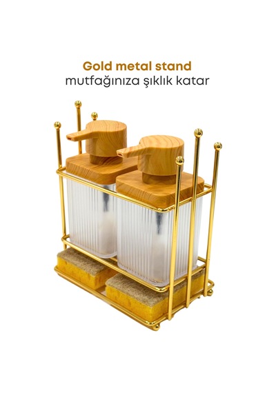 Grimorlife Ahşap Desenli Altın Gold Metal Standlı Bulaşık Deterjanı Sıvı Sabunluk Mutfak Seti-sünger Altın