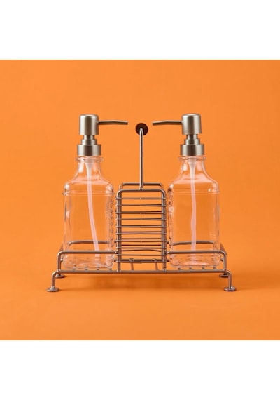 Arow Bland 2'li Metal Stantlı Cam Sıvı Sabunluk - Şeffaf / Gri - 200 Ml Şeffaf / Gri