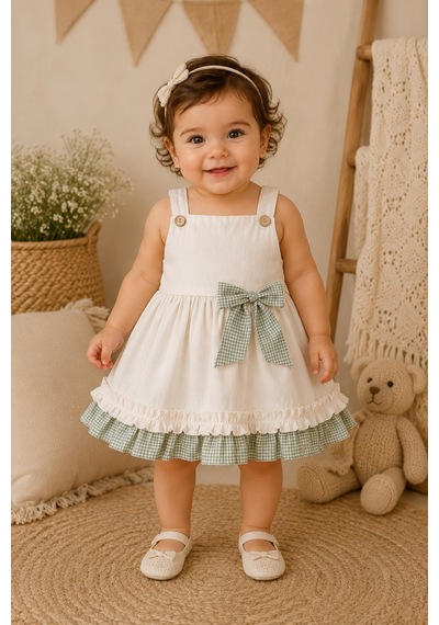 Mnk Baby & Kids Kız Bebek %100 Pamuklu Fiyonk Detaylı Elbise M00849 Krem