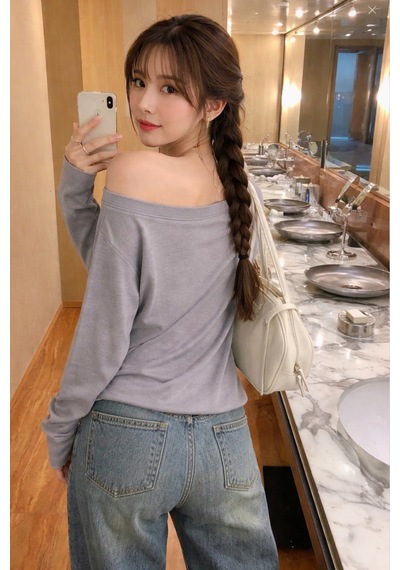 Cool Tarz Antrasit Kadın Düşük Omuz Kayık Yaka Oversize Uzun Kollu T-shirt Antrasit Antrasit