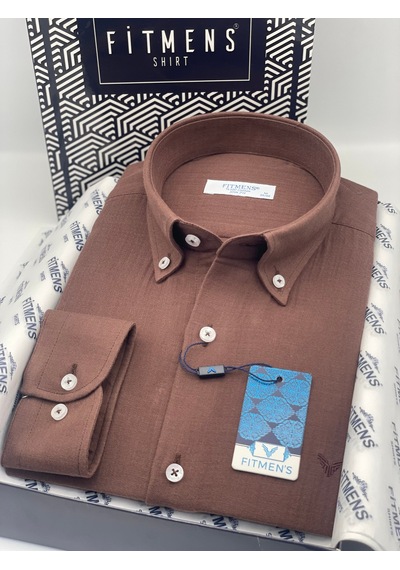 Slim Fit Uzun Kol Müslin Pamuk Rahat Nefes Alabilen Kumaştan Yaka Düğmeli Hediye Kutulu Erkek Gömlek Fs-004202 - Kahverengi-2866