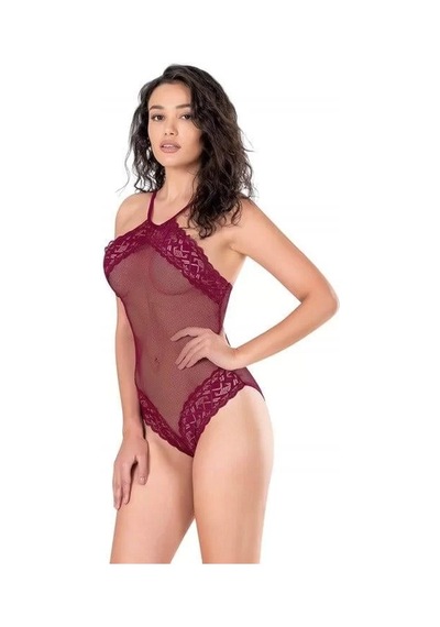 Naam Dantel İşlemeli Bordo File Tül Bodysuit Çok Renkli
