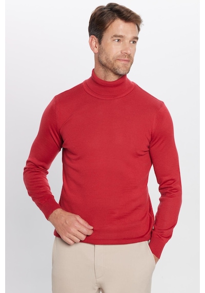 Tudors Erkek Slim Fit Dar Kesim Tam Boğazlı Yaka Düz Yün Kırmızı Triko Kazak-25695 Kırmızı