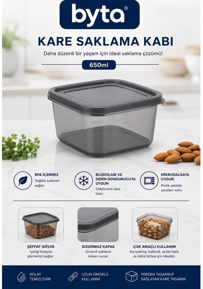 650 Ml Kare Saklama Kabı Bpa Free Kapaklı Gıda Saklama Kabı Buzdolabı, Derin Dondurucu Ve Mikrodalgaya Uygun Şeffaf