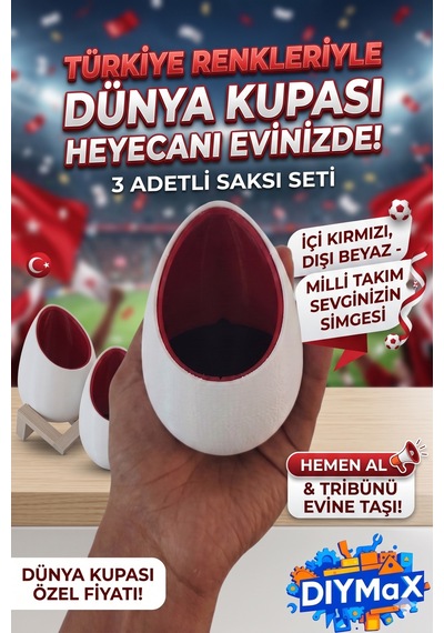 Dünya Kupası Milli Takım Özel Koleksiyon 3'lü Saksı Seti Kırmızı Beyaz Yumurta Tasarım
