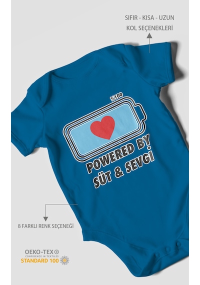 Powered By Süt Ve Sevgi Baskılı Bebek Zıbını Çıtçıtlı Body 8 Renk %100 Pamuk Kısa Kol Koyu Mavi