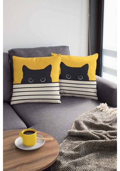 Sarı Kedi Desenli Çift Taraf Yastık Kırlent Kılıfı Krl064n11