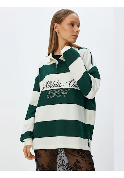 Koton Polo Yaka Sweatshirt Oversize Kolej Baskılı Renk Bloklu Şardonlu Yeşil Çizgili 5wal10214ık Yeşil Koton Polo Yaka Sweatshirt Oversize Kolej Baskılı Renk Bloklu Şardonlu Yeşil Çizgili 5wal10214ık Yeşil