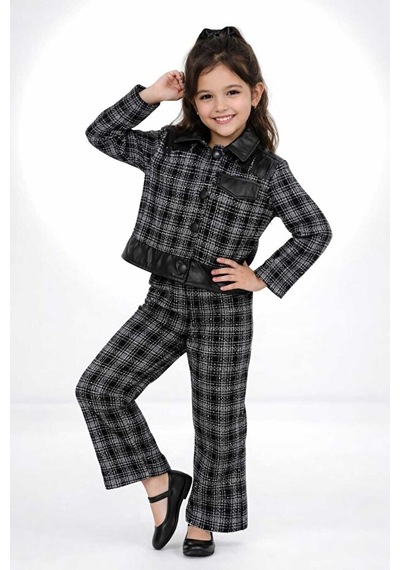 Bubiee Baby Kız Çocuk Siyah Beyaz Ekose Deri Detaylı Ceket Ve Geniş Paça Pantolon 2'li Takım Bubiee Baby Kız Çocuk Siyah Beyaz Ekose Deri Detaylı Ceket Ve Geniş Paça Pantolon 2'li Takım