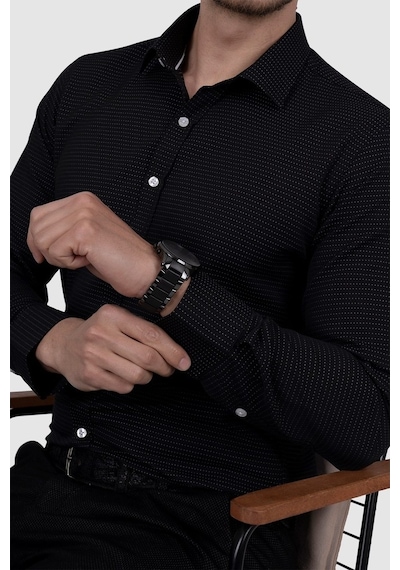 Beyaz Nokta Desenli Siyah Slimfit Erkek Gömlek Siyah