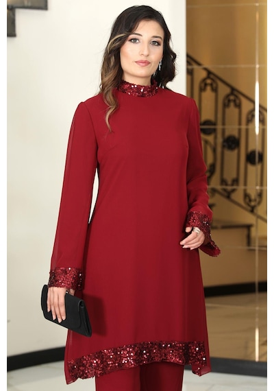 Esilanur Umay Şifon Tunik Pantolon İkili Tesettür Takım Bordo Bordo