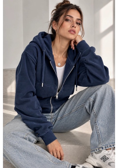 Bb Butik Basic Selanik Dokulu Fermuarlı Kapüşonlu Kadın Sweatshirt My3535 Lacivert