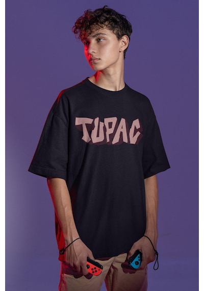 Tupac Rapper Sırt Baskılı Unisex Oversize Şarkıcı Tişört Siyah