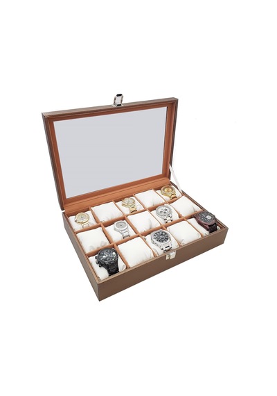 15 Li Diamond Bronz Deri Ahşap Camlı Saat Kutusu St15-58