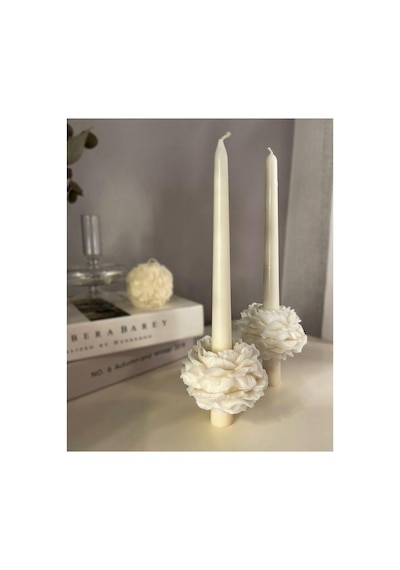 Dekoratif Şamdanlık Mum 25 Cm 1 Adet 2 Adet Şakaik Gül Toplamda 3 Parça Modern Dekoratif Soy Mum Bej