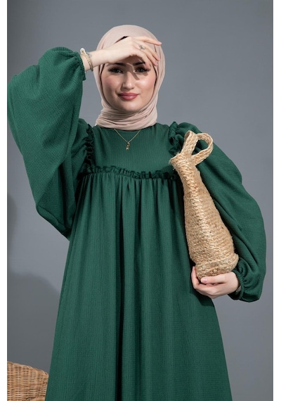 Sevitli Fırfırlı Robalı Bürümcük Elbise- Zümrüt Yeşil-1558-kiremit Kiremit Sevitli Fırfırlı Robalı Bürümcük Elbise- Zümrüt Yeşil-1558-kiremit Kiremit