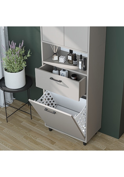 Çamaşır Sepetli Banyo Dolabı, Çok Amaçlı Çekmeceli Dolap 60 X 200 Cm Kumtaşı