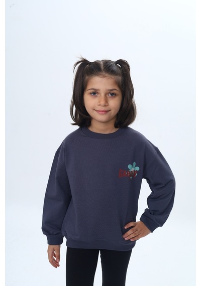 Toontoy Kız Çocuk Arka Kol Baskılı Çiçekli Sweatshirt Füme Melanj