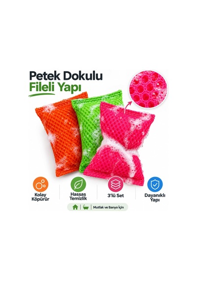 Fileli Bulaşık Süngeri 3 Adet, Petek Dokulu Temizlik İçin Sünger