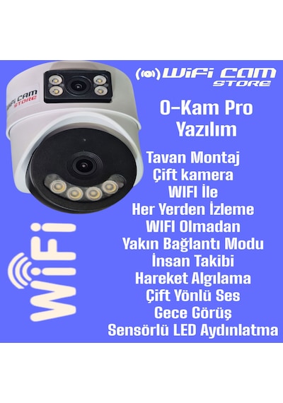 Çift Kameralı İç Ortam Tavan Tip Dome Wifi Kamera
