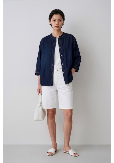 Blue White Bluew White Kadın İndigo Hakim Yaka Bol Kesim Denim Gömlek 36