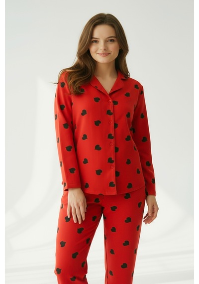 Süet Gömlek Pijama Takımı 7107 Kalpli Kırmızı Kırmızı