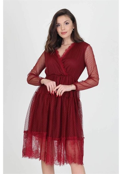 Neşeli Butik Neseli Butik Kruvaze Yaka Eteği Güpür Detaylı Yeni Sezon Elbise Nb0010 Bordo