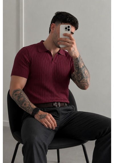Tarz Cool Premium Fitilli Triko Polo Yaka Erkek Old Money T-shirt Bordo