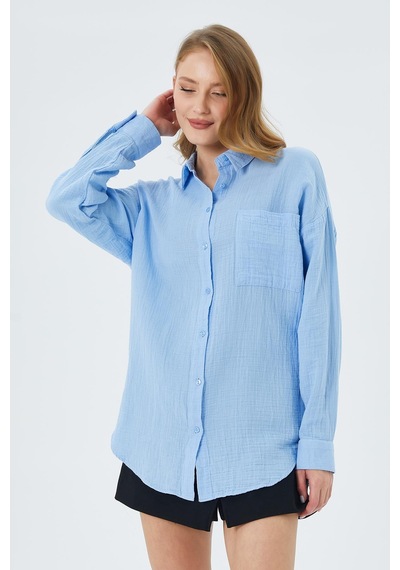 Mixray 3833 Kadın Oversize Cepli Müslin Gömlek Bebe Mavi