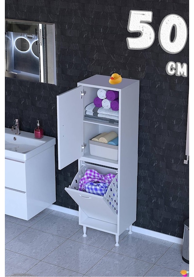 Deniz Kirli Sepetli Ve Kapaklı Raflı, Çok Amaçlı Banyo Dolabı - 50 X 138 X 32,5 Cm 50 Cm