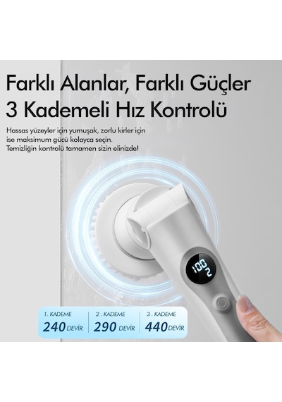 Kablosuz Şarjlı Temizlik Fırçası 8 Başlıklı 3 Kademe Hız Ayarlı Teleskopik Çok Amaçlı Ev Cihazı