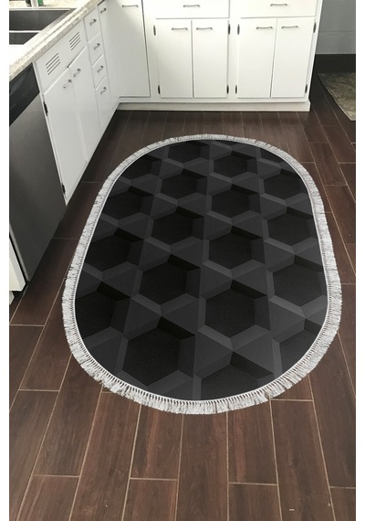Kaymaz Dijital Mutfak & Salon Halı Trend Saçaklı Oval Geometrik E5016 Siyah