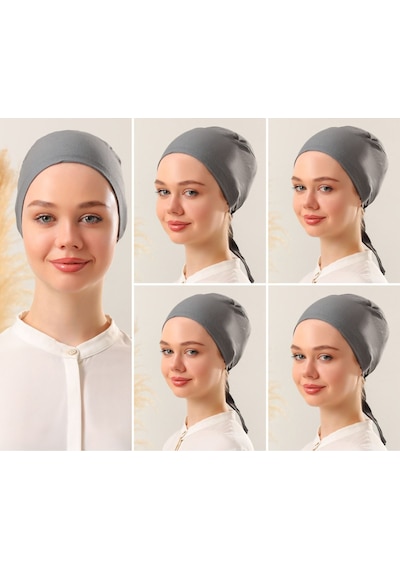 Melodi Scarf Kadın Tesettür Dikişsiz Set Bone Koyu Gri 5 Adet Bağlamalı Penye Bone Koyu Gri