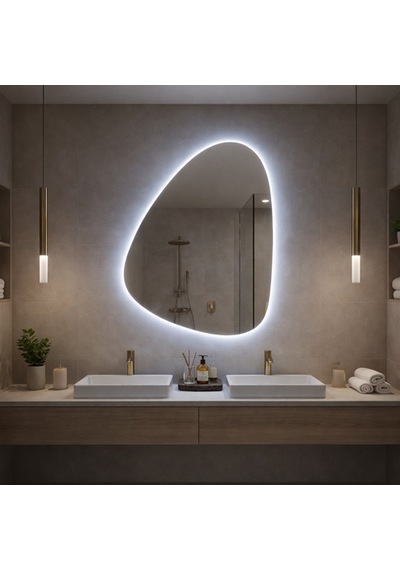 55x77 Cm Modern Asimetrik Led Banyo Aynası Dokunmatik Sensörlü, Dimmerli, 6500k Beyaz Işık Beyaz