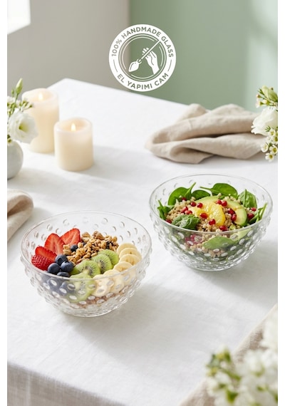 Selen Concept Küme Model Küçük Boy El Yapımı Cam Çorba Kasesi ve Salata Sunumluk 2'li Set