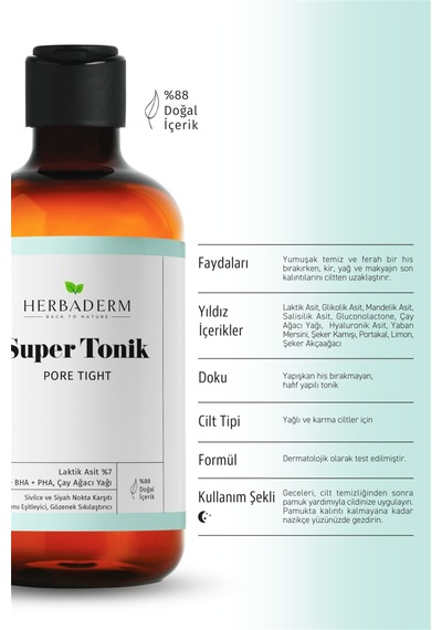 Herbaderm Pore Tight Sivilce, Siyah Nokta Karşıtı Super Tonik Laktik Asit %7 250 Ml