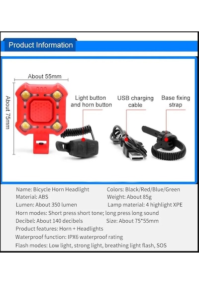 Forte Gt 2122 Bisiklet Ön Işık 350 Lümen 140 Db Usb Şarjlı Yüksek Güçlü Far Korna Mavi Renk Kırmızı