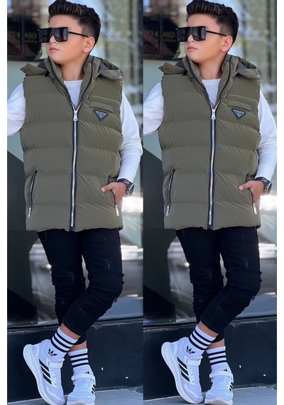Pina Kids Erkek Çocuk Çıtçıt Kapüşonlu Nova Kumaş Şişme Yelek Ylk3026 Haki