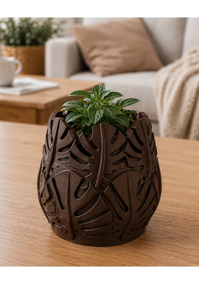 Monstera Yaprak Tasarımlı Vazo Kahverengi