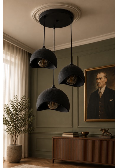 Beton Görünümlü 3'lü Sarkıt Avize Bohem Modern İskandinav Salon Yemek Masası Rustik Led Ampul Hediyeli Siyah