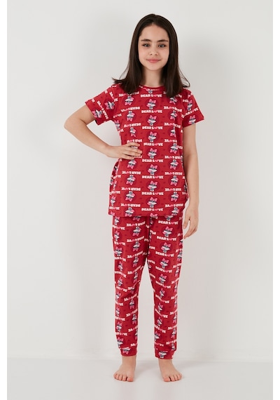 Lela % 100 Pamuk Bisiklet Yaka Kısa Kollu Kız Çocuk Pijama Takımı 6651004 Kırmızı
