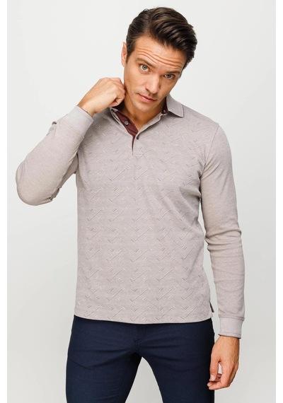 Desen Triko Erkek Polo Yaka Desenli Uzun Kollu Sweatshirt Bej Bej