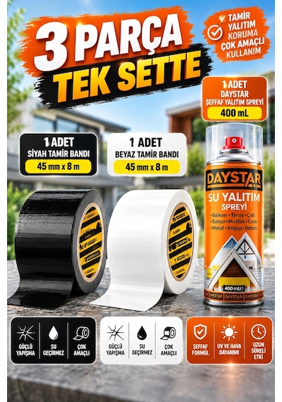 3 Lü Su Geçirmez Yalıtım Ve Tamir Seti 45 Mm 8 M Siyah Beyaz Bant + 400 Ml Daystar Şeffaf Su Yalıt